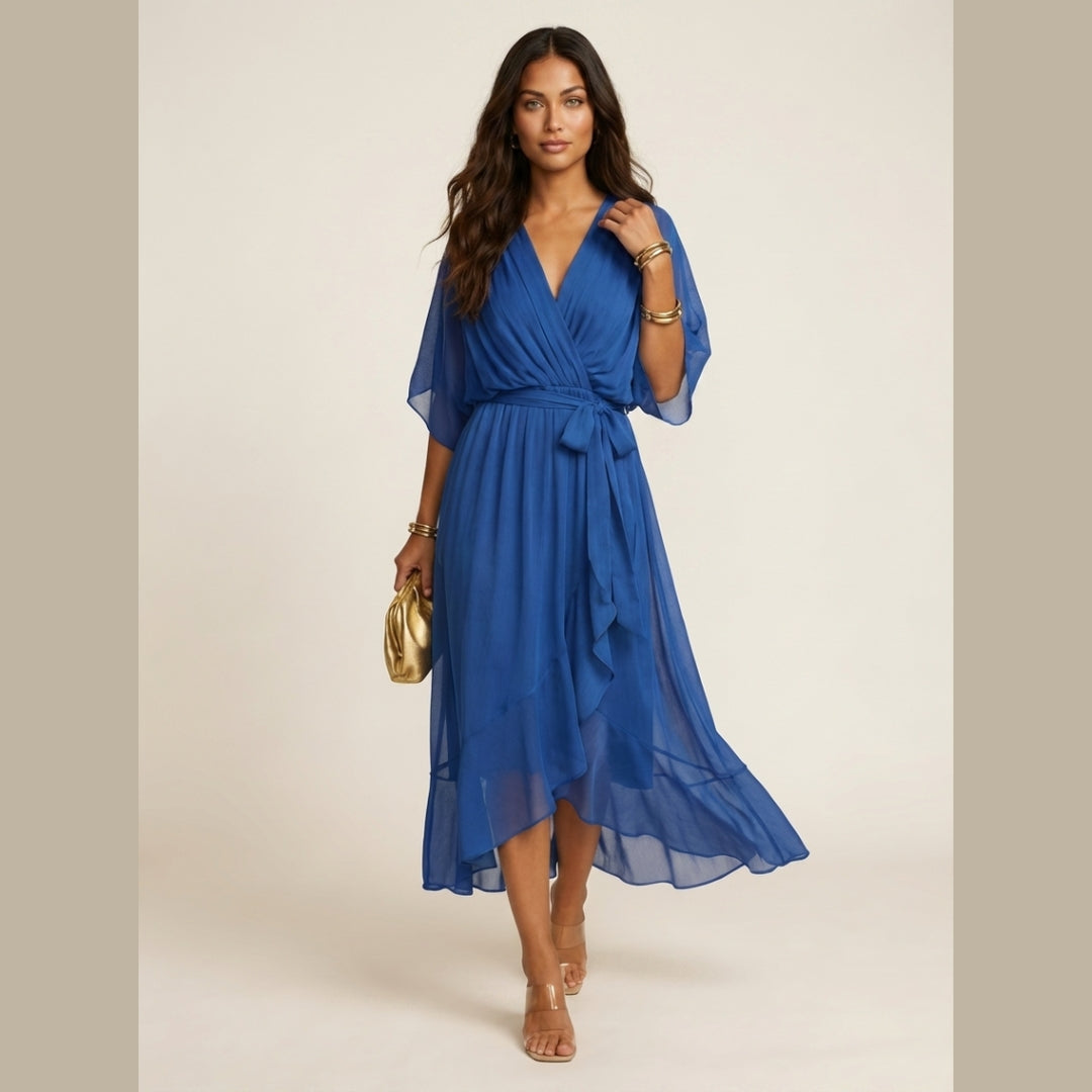 Robe Midi Portefeuille Fluide avec Ceinture