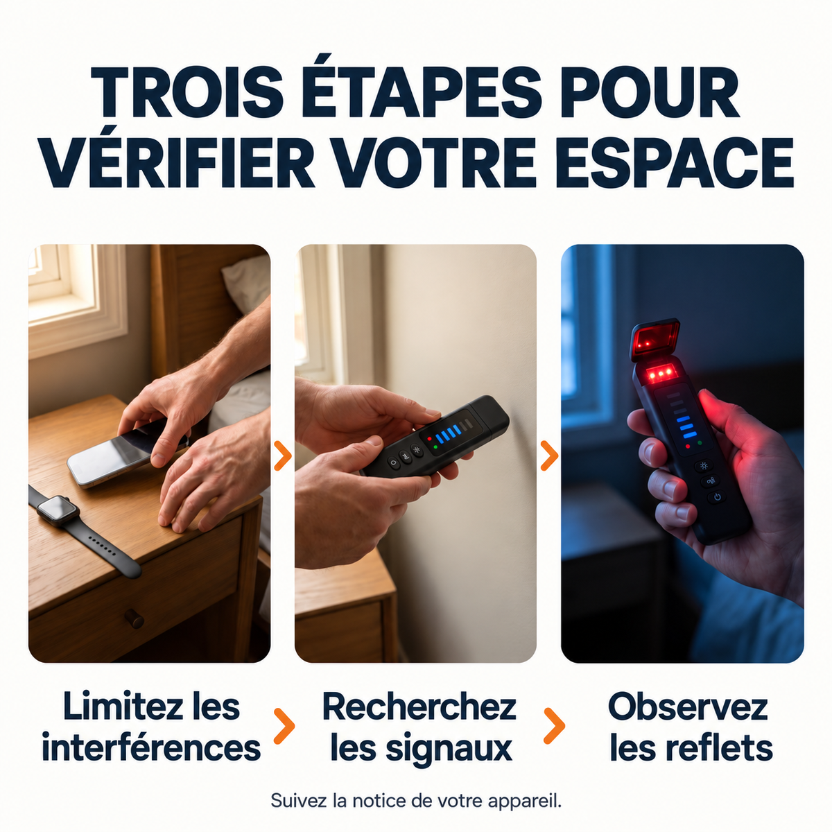Détecteur portable : étapes illustrées pour limiter les interférences, rechercher les signaux et observer les reflets.