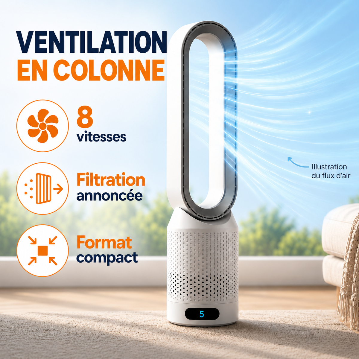Ventilateur colonne argenté : ventilation réglable et format compact