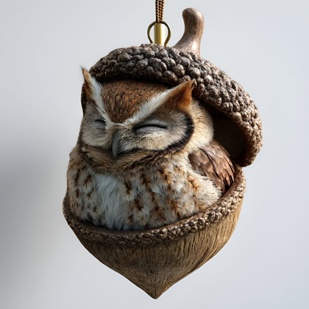 Motif de la suspension décorative en acrylique : hibou. Le support plat est annoncé par la référence.