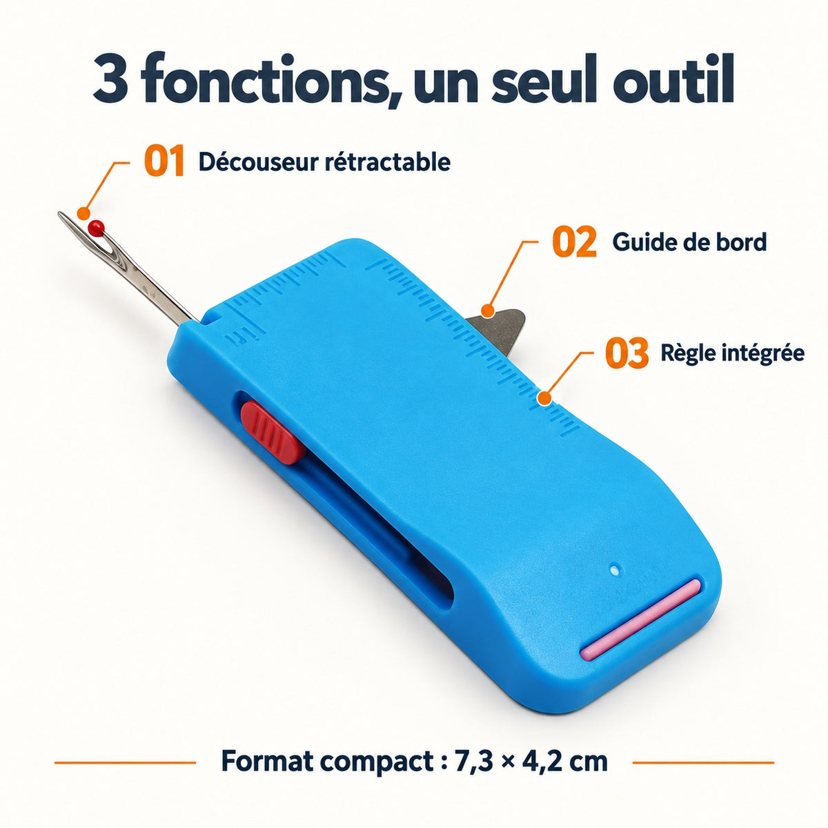 Les trois fonctions du découseur : découseur rétractable, guide de bord et règle. Format environ 7,3 × 4,2 cm.