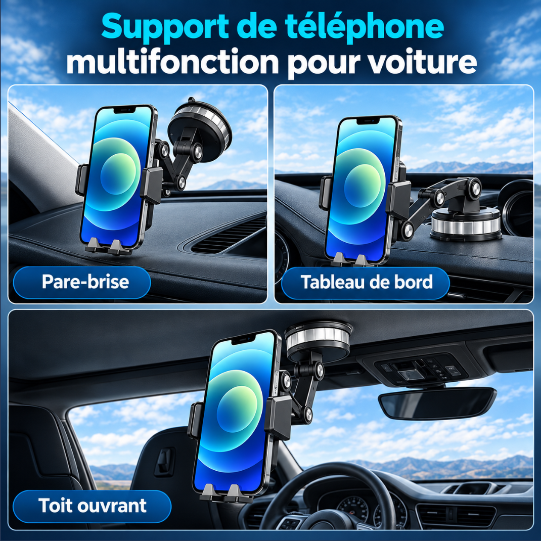Support Téléphone Voiture à Ventouse 360° – Fixation Pare-Brise & Tableau de Bord