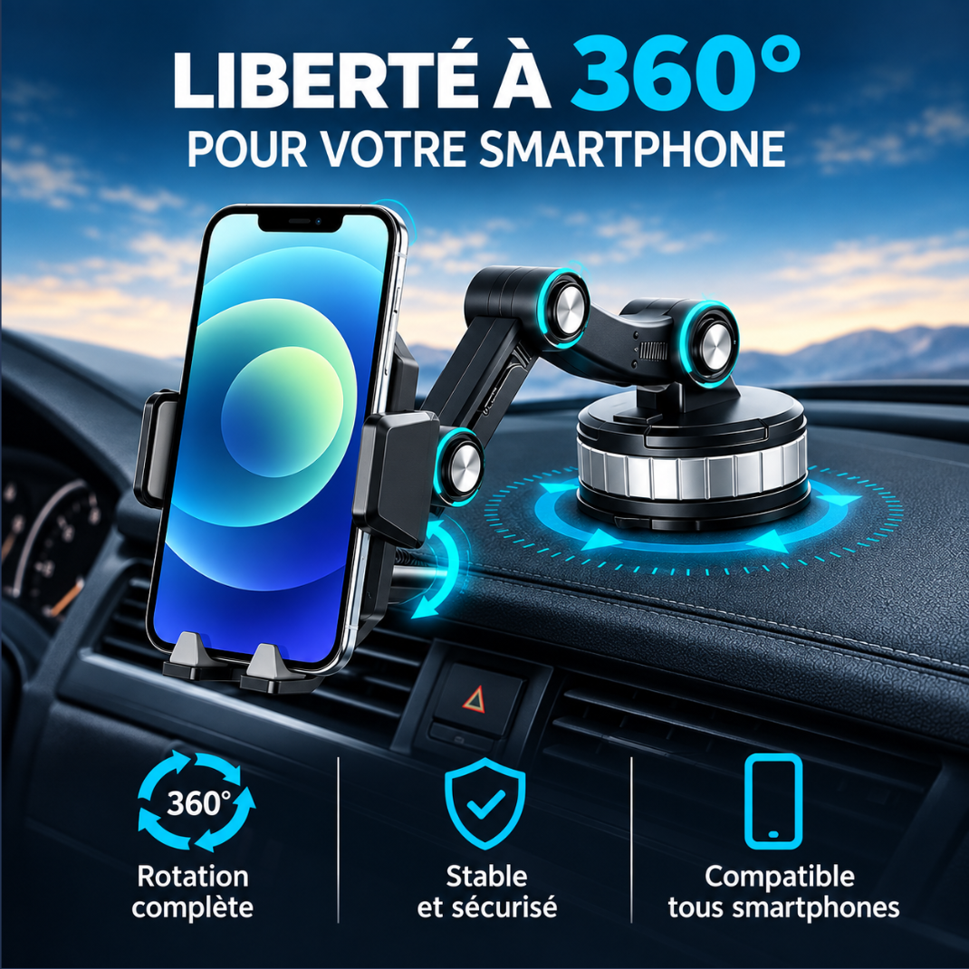Support Téléphone Voiture à Ventouse 360° – Fixation Pare-Brise & Tableau de Bord