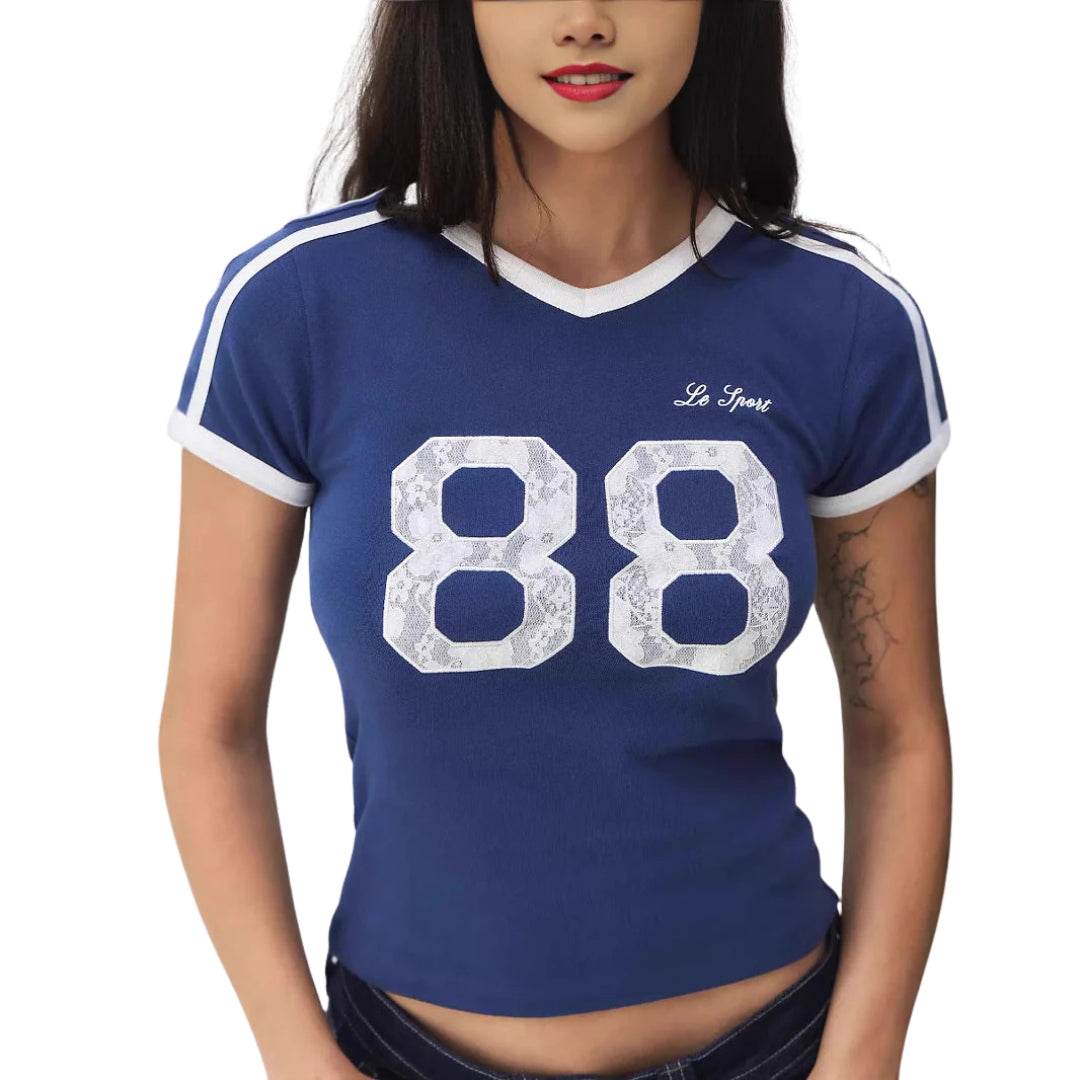 T-shirt femme à dentelle et manches contrastées – Élégance décontractée et style affirmé