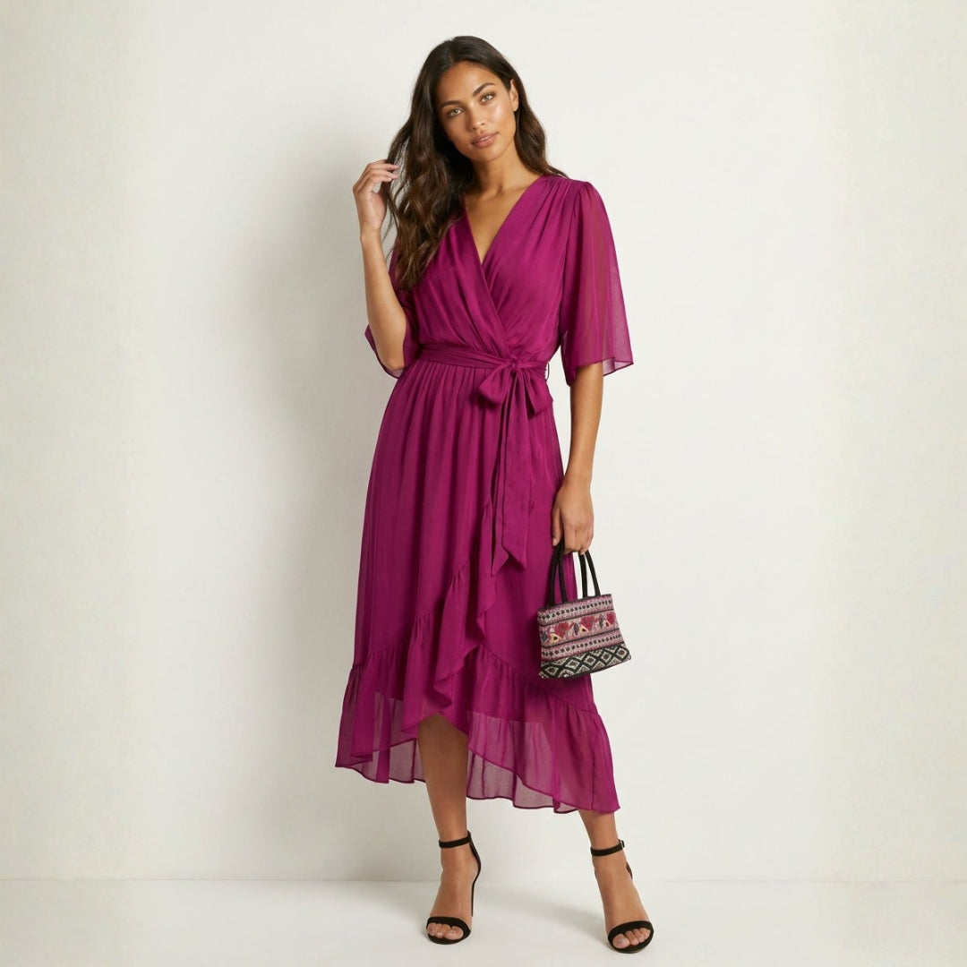 Robe Midi Portefeuille Fluide avec Ceinture