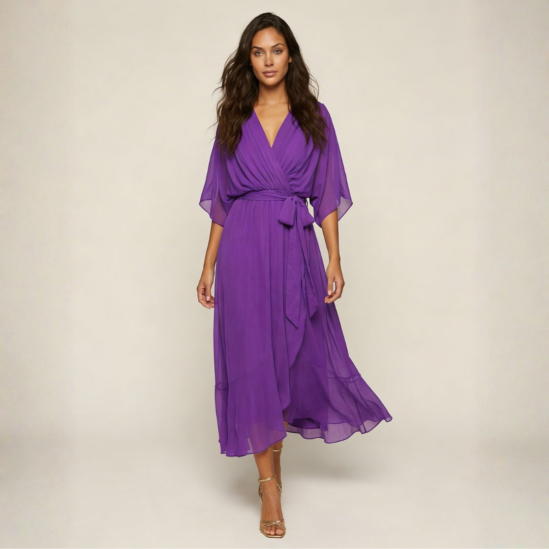 Robe Midi Portefeuille Fluide avec Ceinture