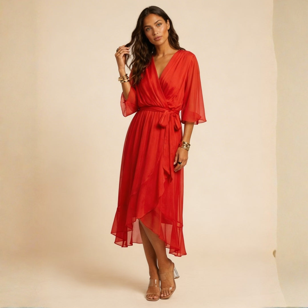 Robe Midi Portefeuille Fluide avec Ceinture