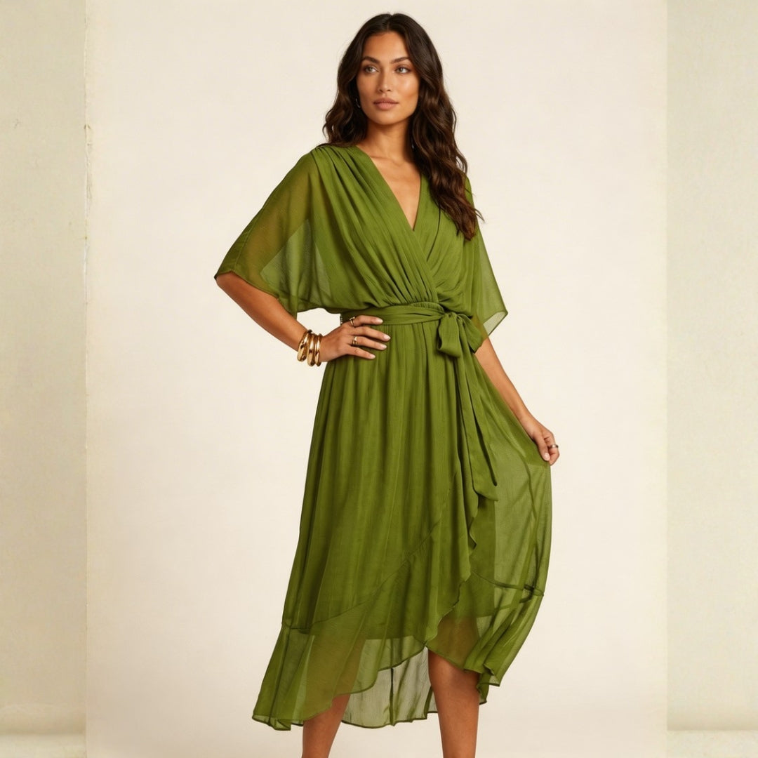 Robe Midi Portefeuille Fluide avec Ceinture