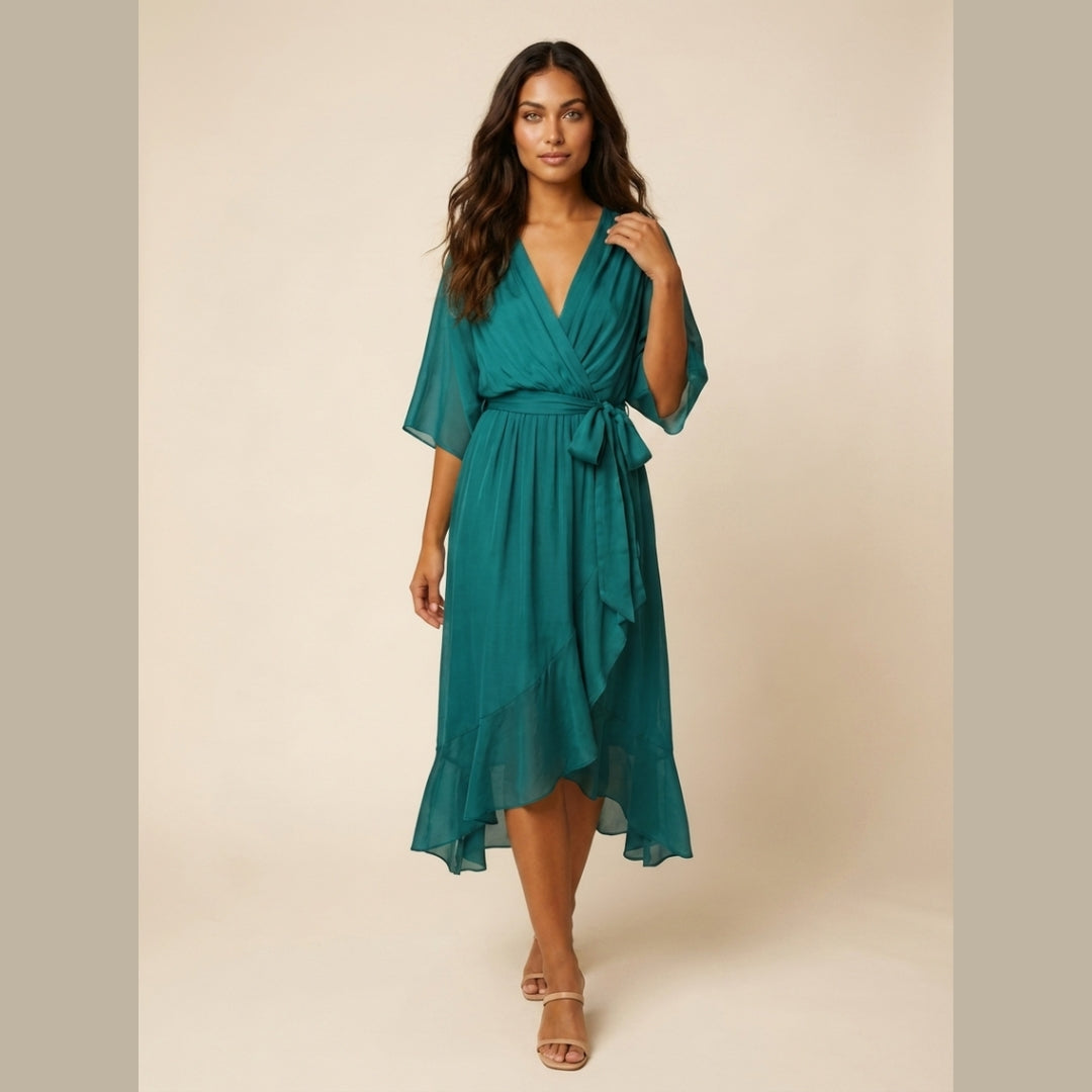 Robe Midi Portefeuille Fluide avec Ceinture