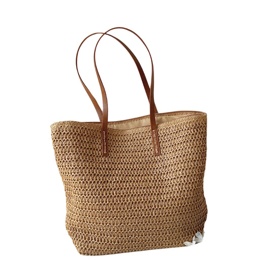 Sac panier tressé avec poignées en cuir – Élégance naturelle et praticité estivale