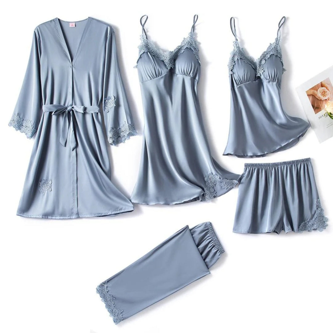 Ensemble de nuit 5 pièces en satin & dentelle