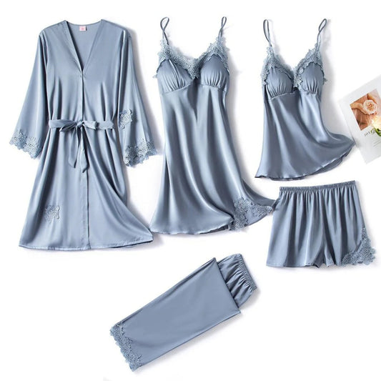 Ensemble de nuit 5 pièces en satin & dentelle