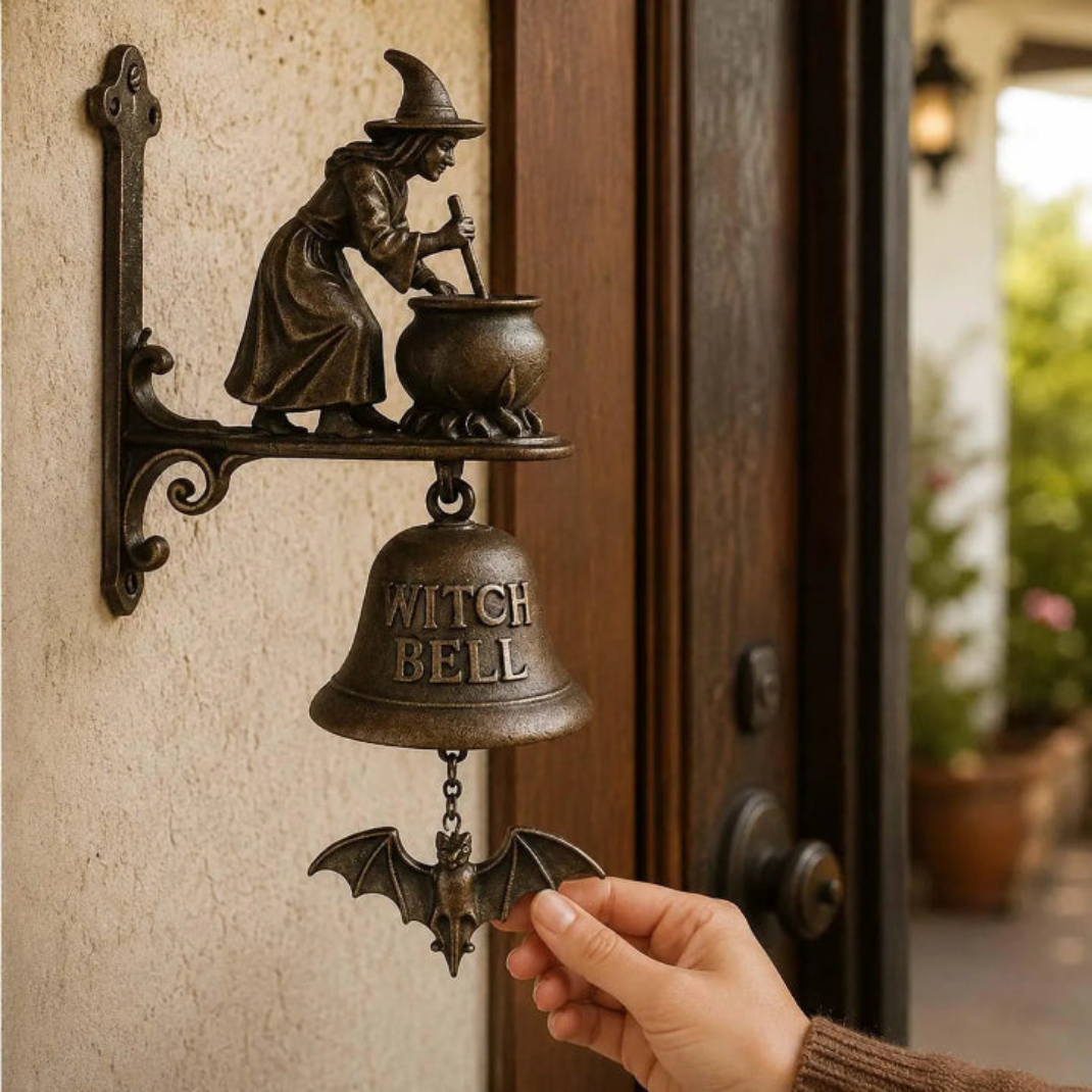 Sonnette Sorcière en Métal – Style Bronze Antique avec Chauve-Souris pour Halloween