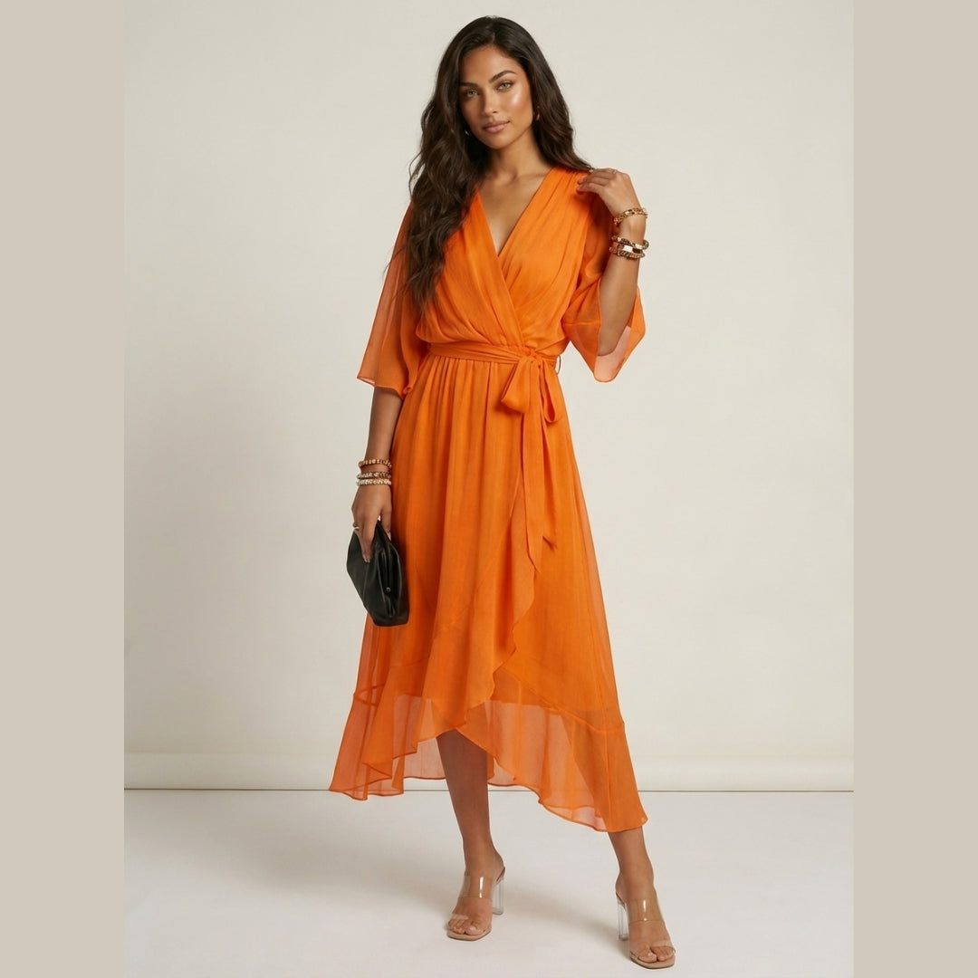 Robe Midi Portefeuille Fluide avec Ceinture
