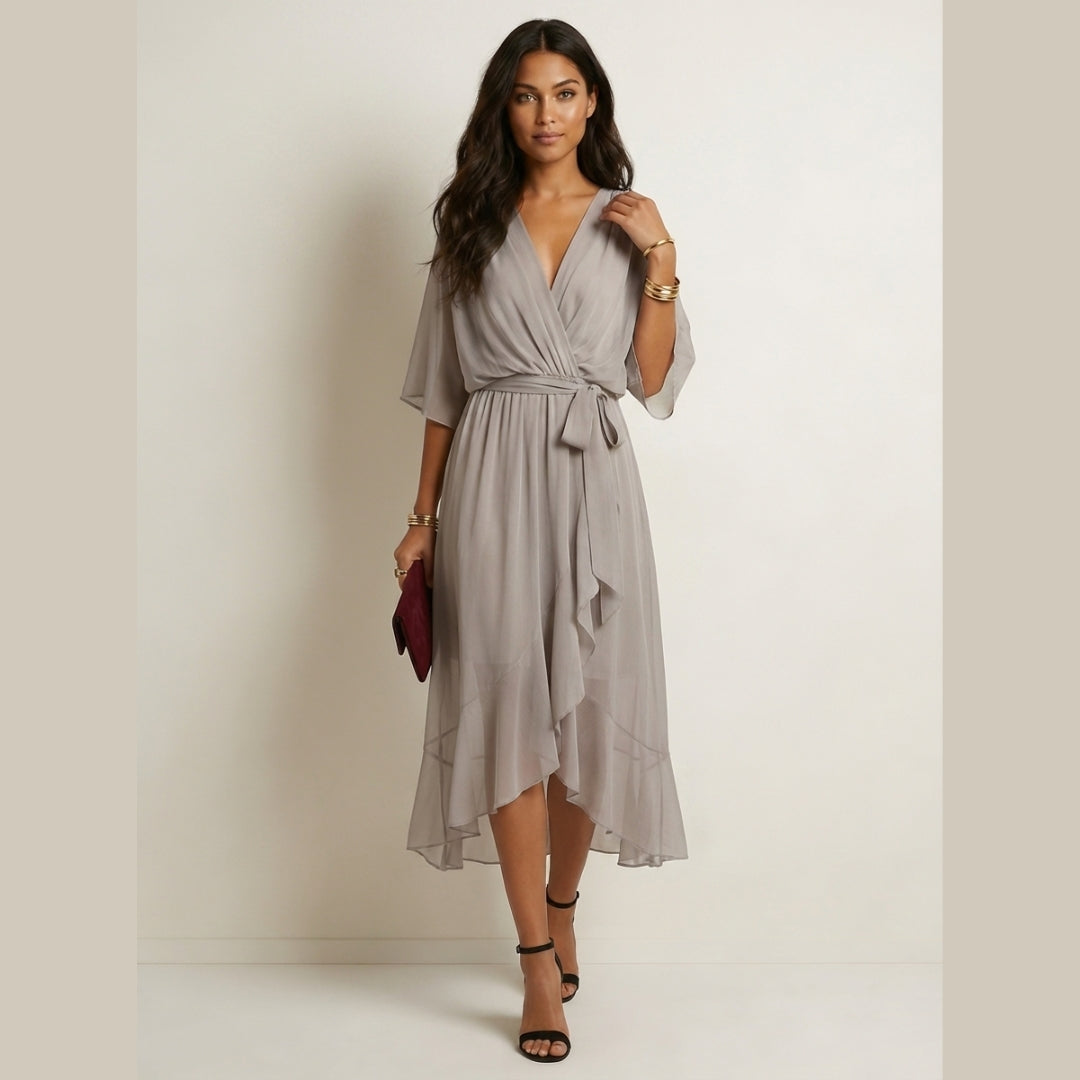 Robe Midi Portefeuille Fluide avec Ceinture