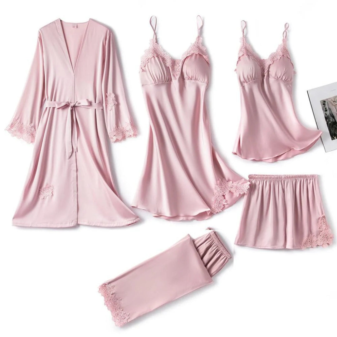 Ensemble de nuit 5 pièces en satin & dentelle