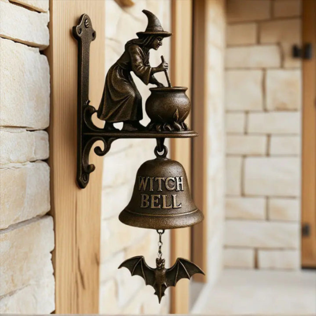 Sonnette Sorcière en Métal – Style Bronze Antique avec Chauve-Souris pour Halloween