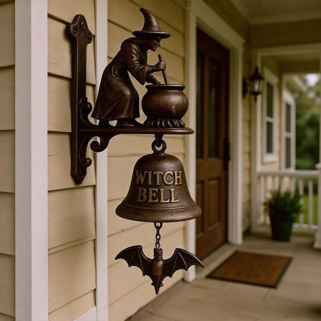 Sonnette Sorcière en Métal – Style Bronze Antique avec Chauve-Souris pour Halloween