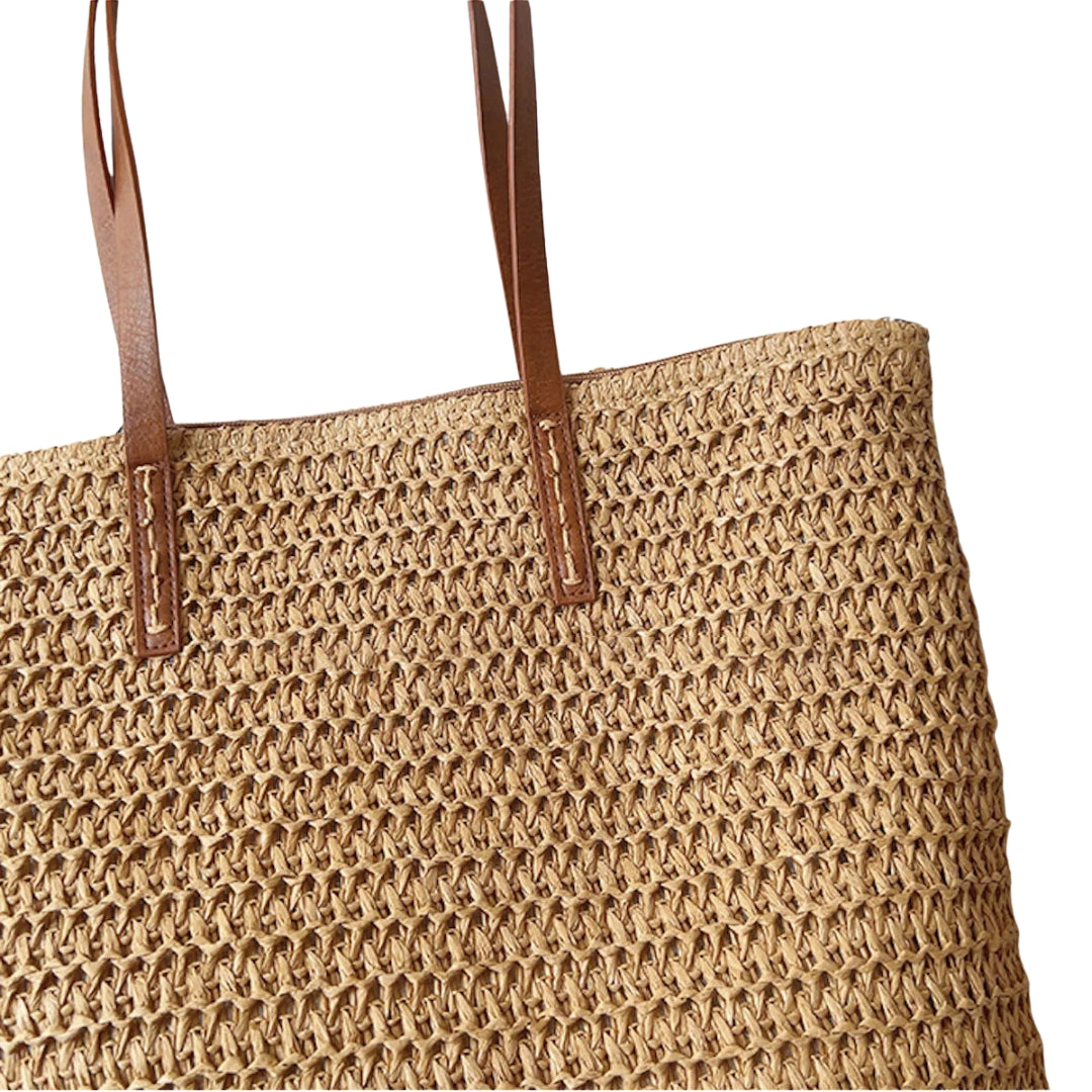 Sac panier tressé avec poignées en cuir – Élégance naturelle et praticité estivale