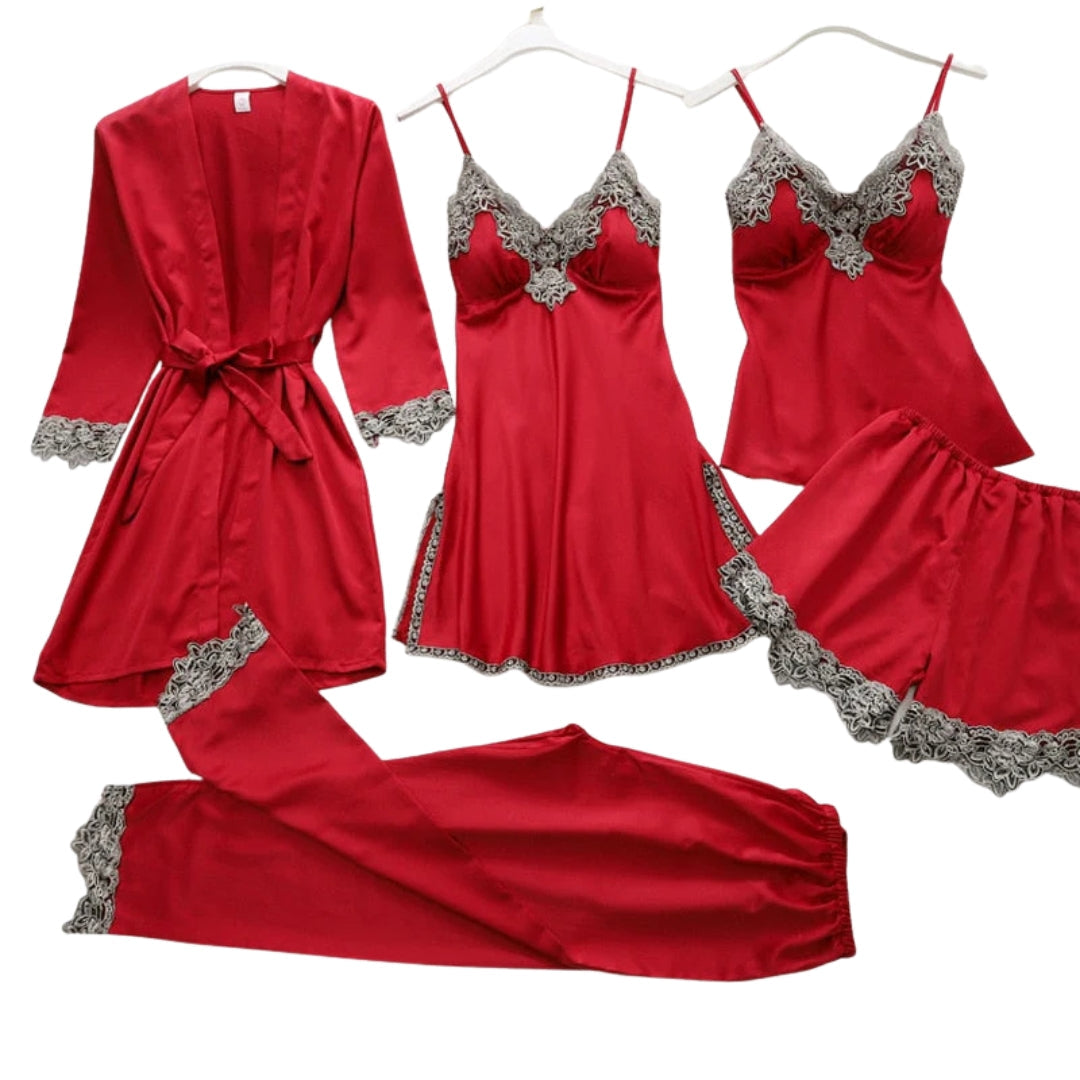 Ensemble de nuit 5 pièces en satin & dentelle