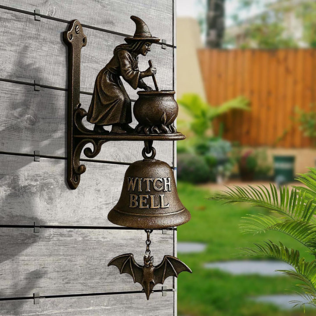 Sonnette Sorcière en Métal – Style Bronze Antique avec Chauve-Souris pour Halloween