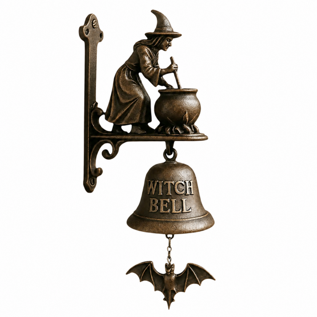 Sonnette Sorcière en Métal – Style Bronze Antique avec Chauve-Souris pour Halloween