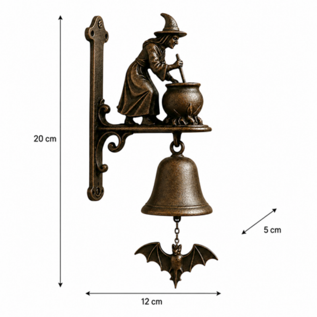 Sonnette Sorcière en Métal – Style Bronze Antique avec Chauve-Souris pour Halloween