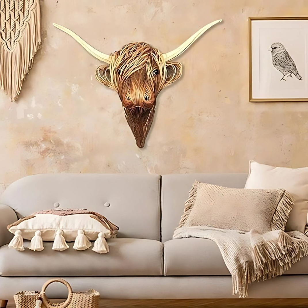 Sculpture Murale Vache Highland – Décoration Rustique Effet Artisanal