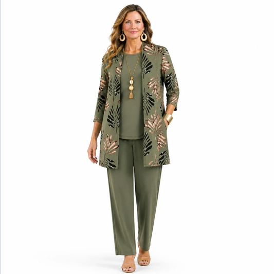 Ensemble Femme 3 Pièces – Cardigan à Feuilles Tropicales, Top & Pantalon Fluide