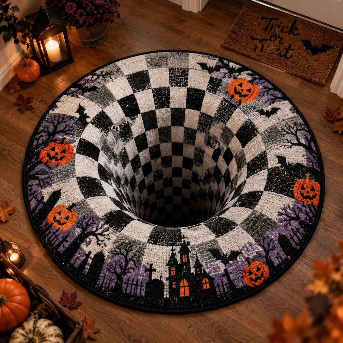 Tapis Rond Halloween à Illusion Optique Imprimée — vue du modèle 1