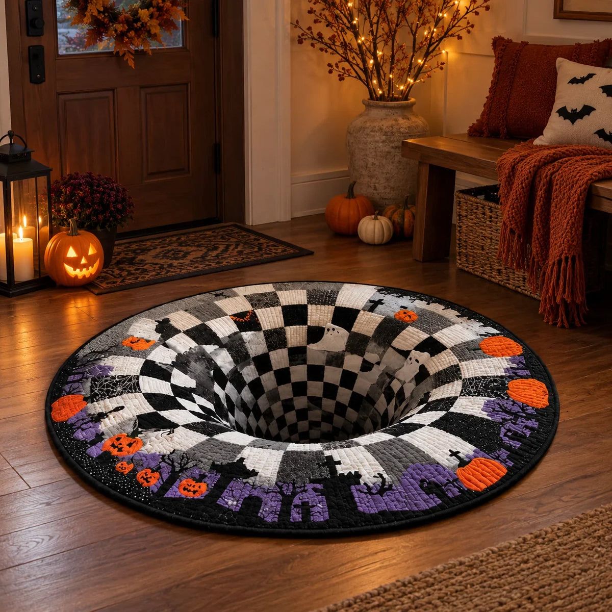 Tapis Rond Halloween à Illusion Optique Imprimée — vue du modèle 3