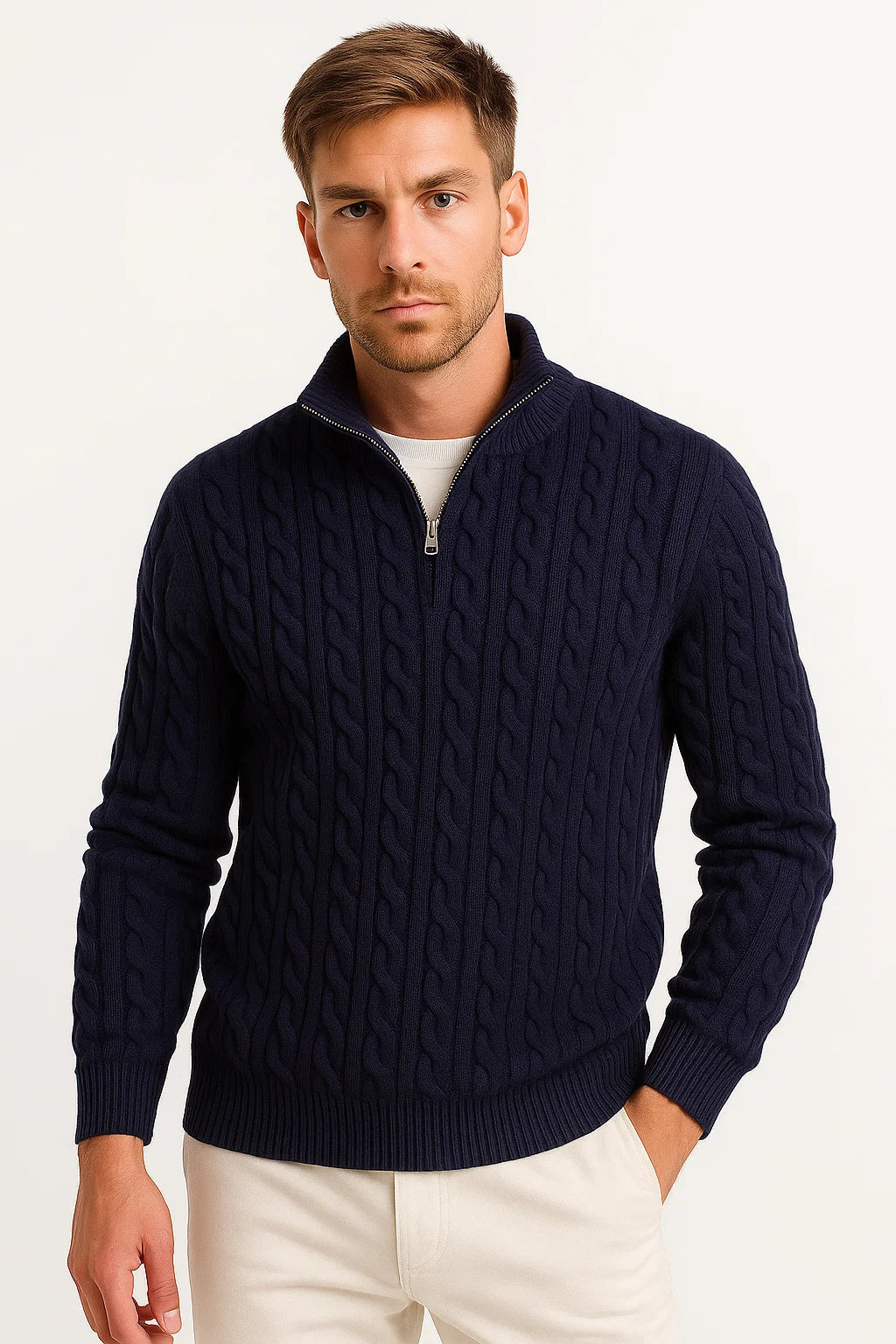 Pull Homme Torsadé à Col Camionneur Zippé — Bleu marine