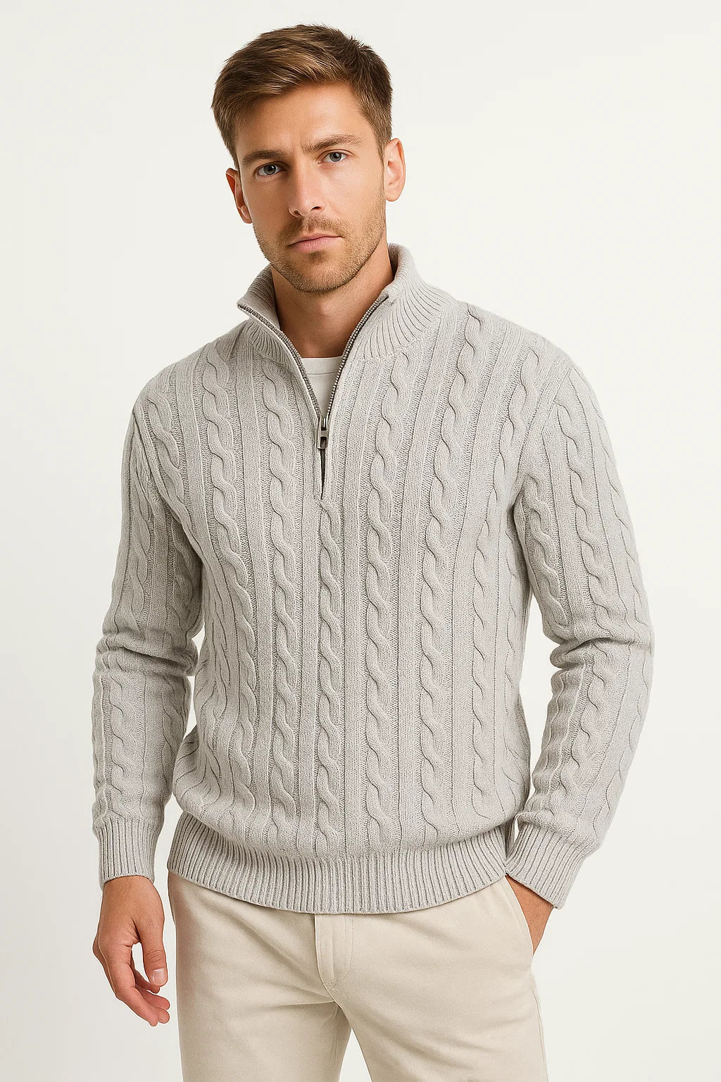 Pull Homme Torsadé à Col Camionneur Zippé — Gris clair