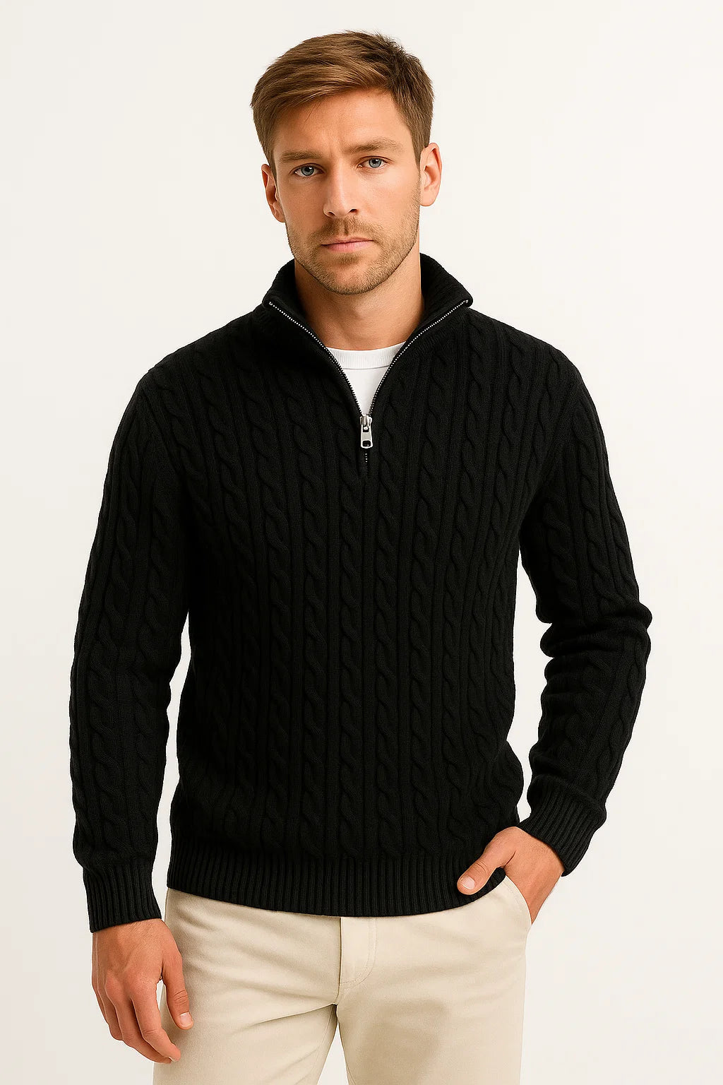 Pull Homme Torsadé à Col Camionneur Zippé — Noir