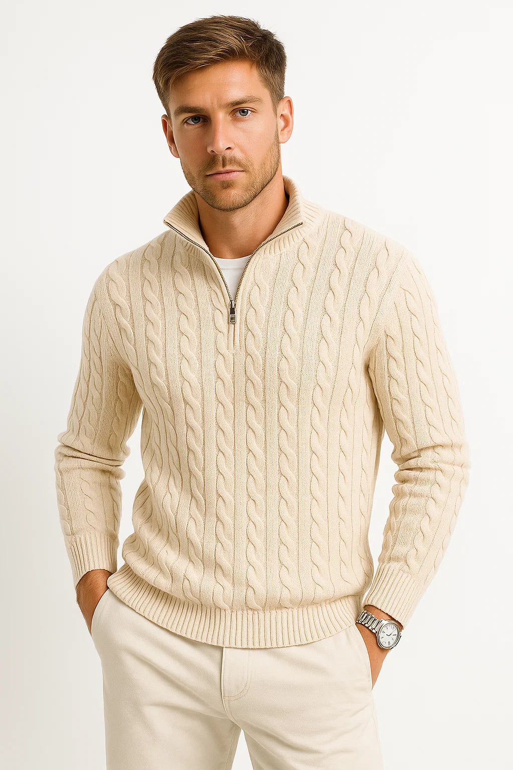 Pull Homme Torsadé à Col Camionneur Zippé — Beige