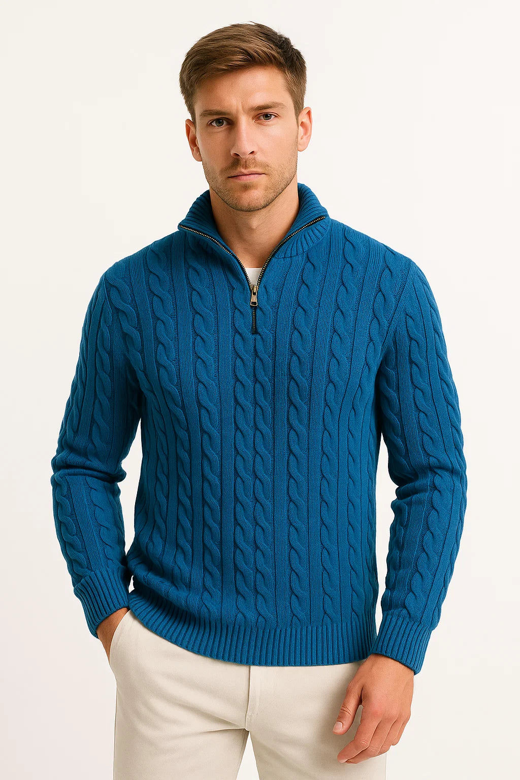 Pull Homme Torsadé à Col Camionneur Zippé — Bleu pétrole