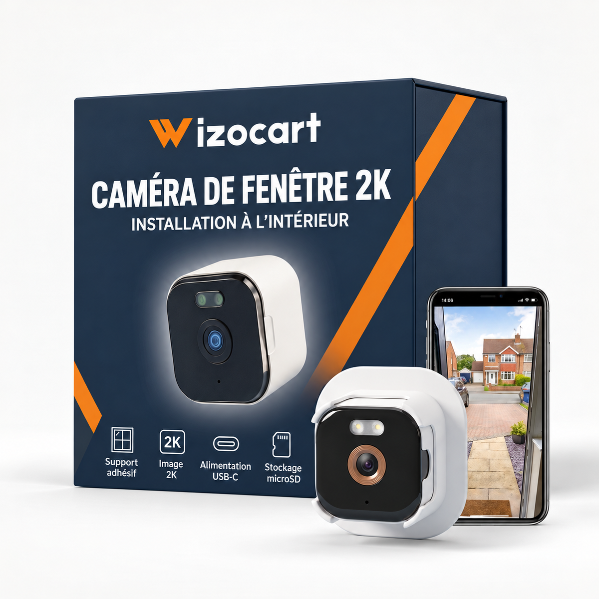 Caméra de fenêtre 2K : illustration de boîte Wizocart en français, bleu marine et orange, avec caméra et téléphone.