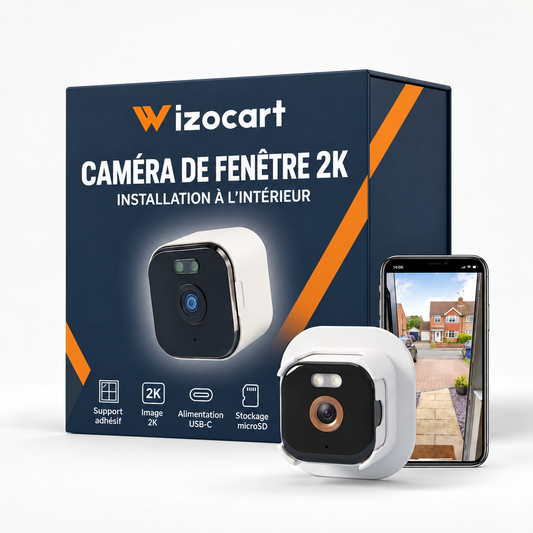 Caméra de fenêtre 2K : illustration de boîte Wizocart en français, bleu marine et orange, avec caméra et téléphone.