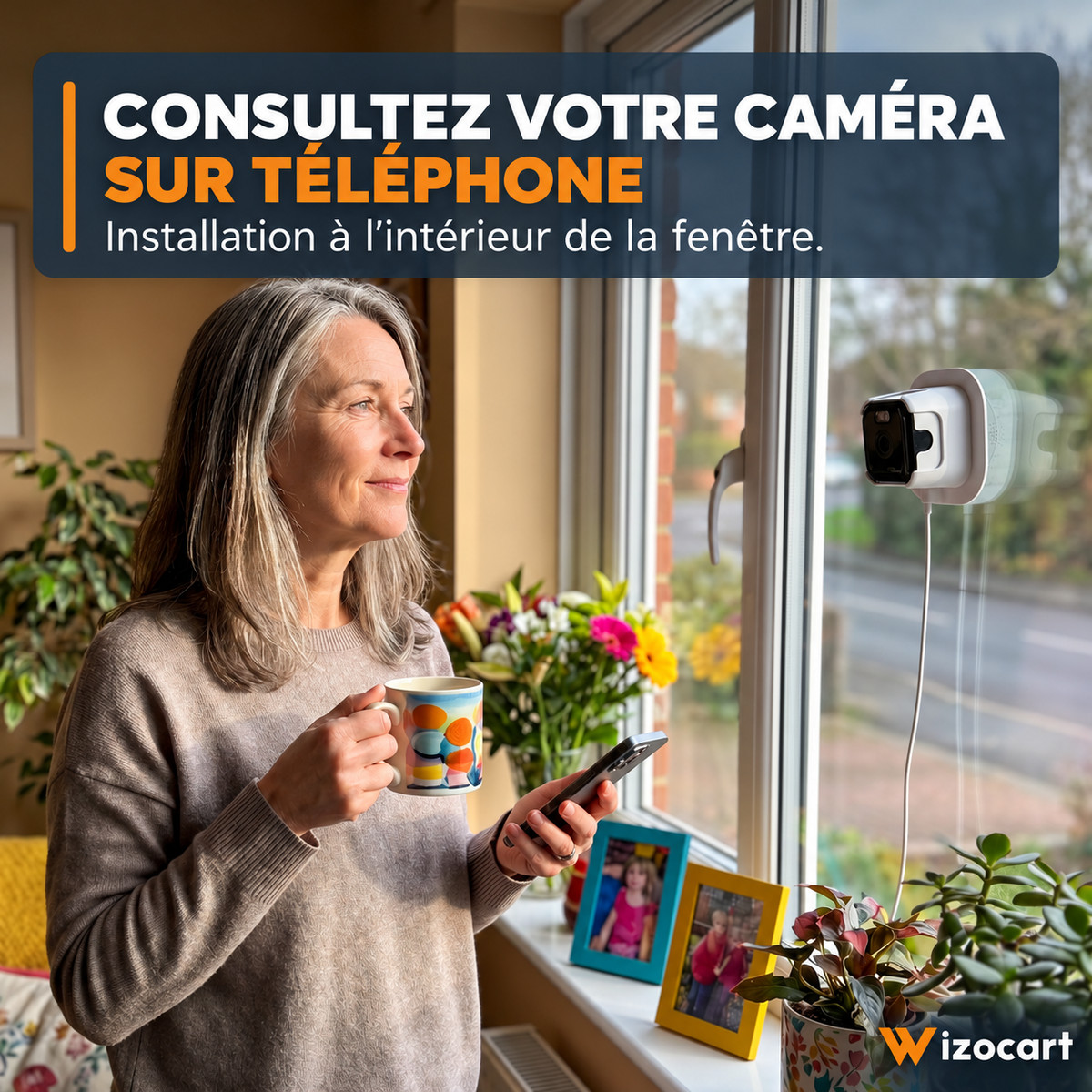 Caméra de fenêtre : consultation sur téléphone près de la fenêtre, texte français et logo Wizocart.