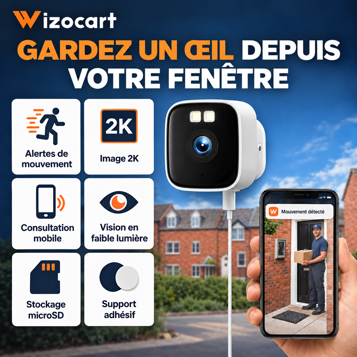 Caméra de fenêtre : fonctions illustrées et légendées en français aux couleurs Wizocart.