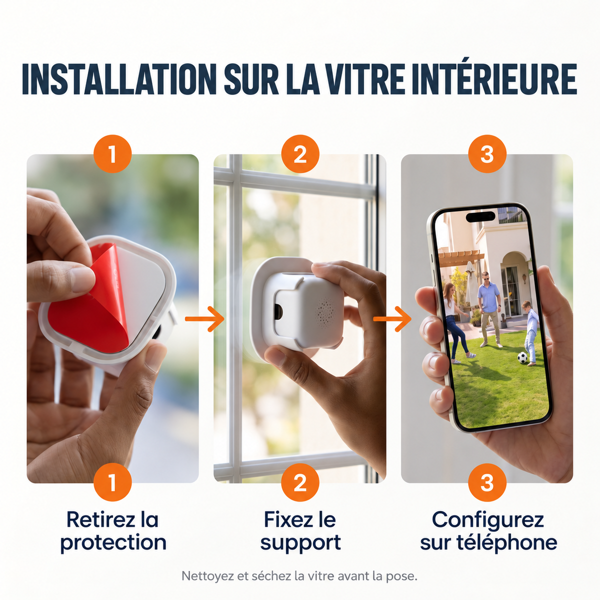 Caméra de fenêtre : retrait de la protection adhésive, fixation du support et configuration sur téléphone.