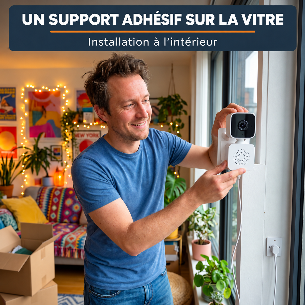 Caméra de fenêtre : illustration de la pose du support adhésif à l’intérieur, adaptée aux couleurs Wizocart.