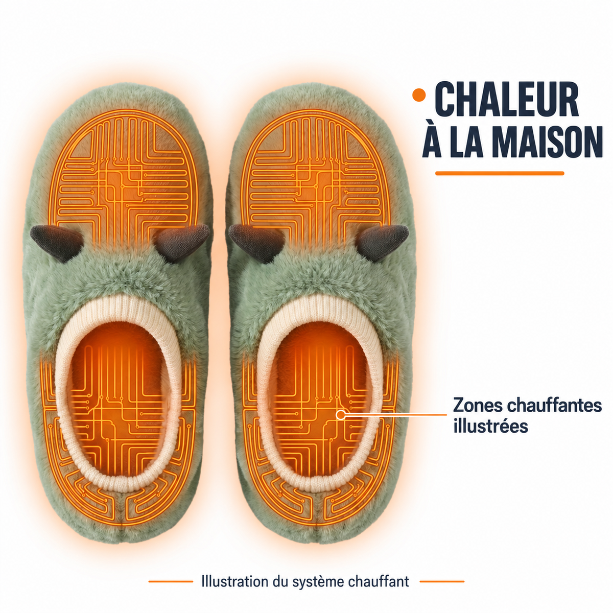 Chaussons verts : illustration des zones chauffantes orange
