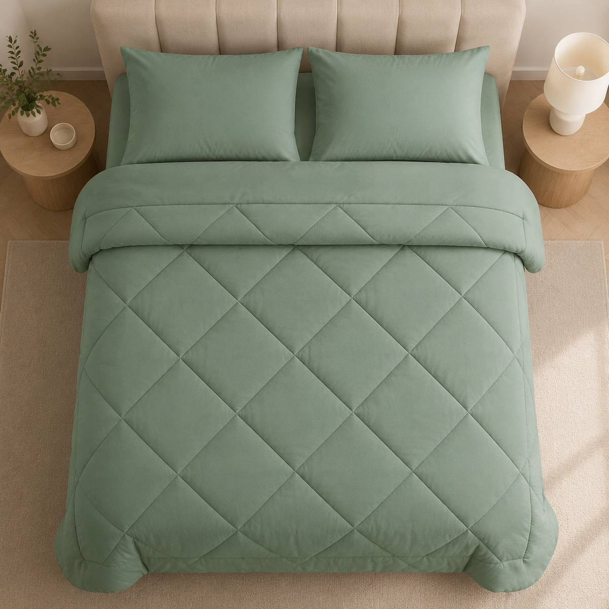Couette et taies : Vert sauge.