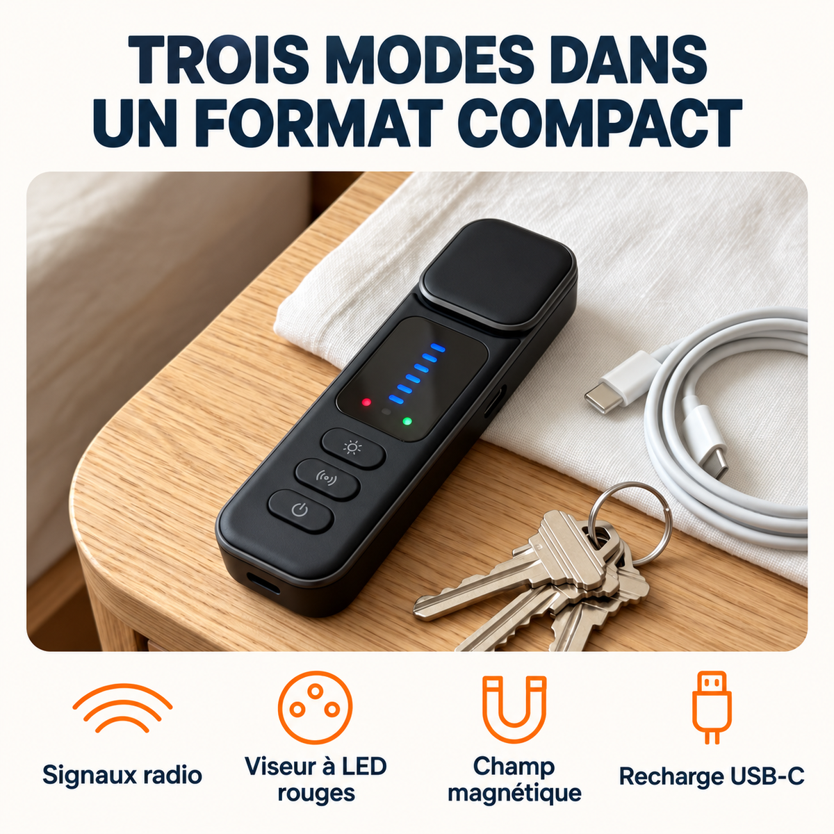 Détecteur portable : trois modes illustrés, signaux radio, viseur à LED rouges et champ magnétique ; recharge USB-C.