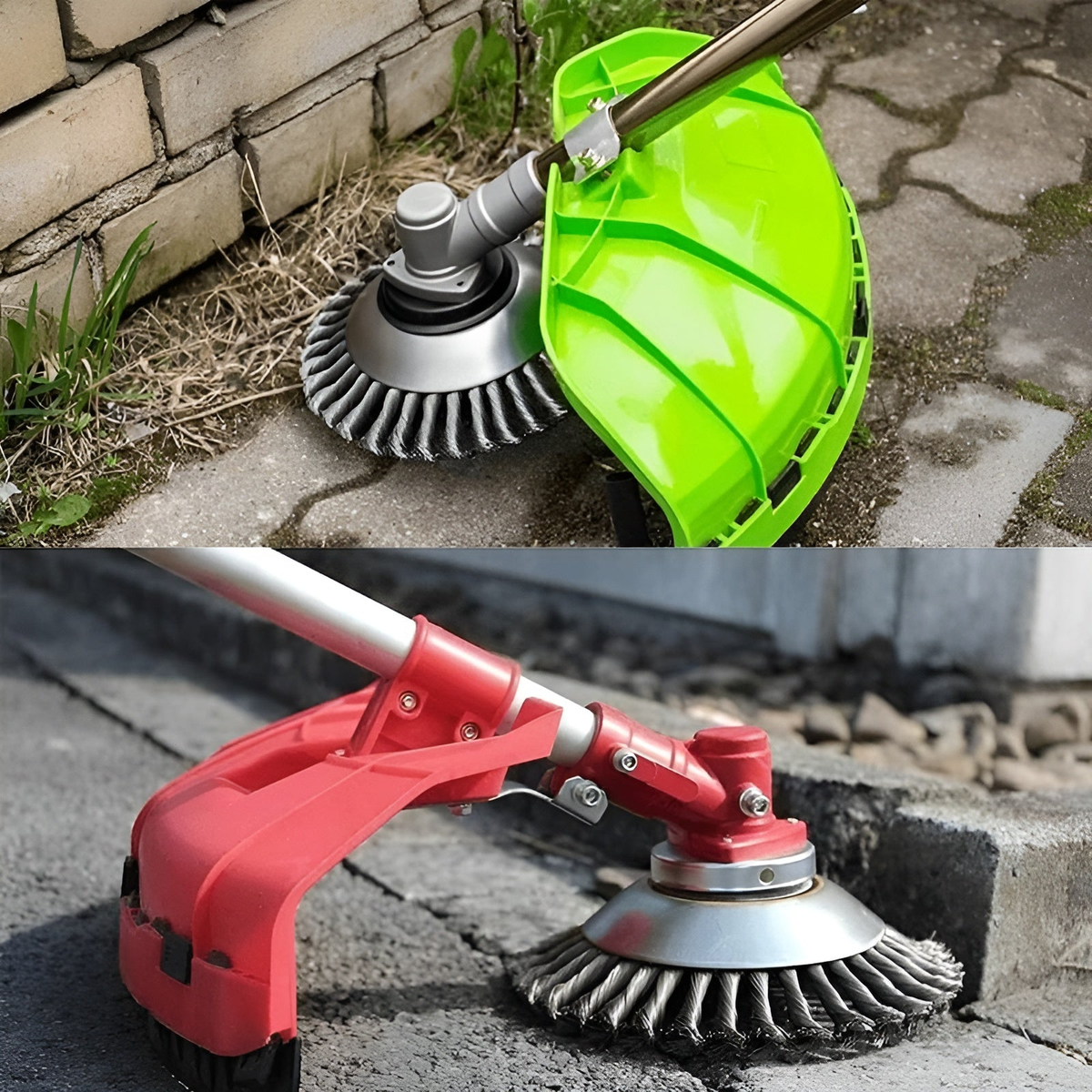 Photo source de la brosse métallique montée sur une débroussailleuse ; machine non incluse.