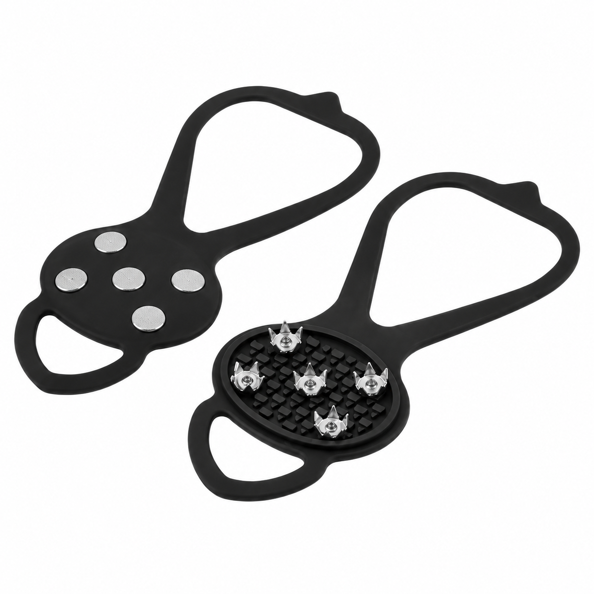 Visualisation des faces supérieure et inférieure des crampons pour chaussures, avec cinq plots métalliques.