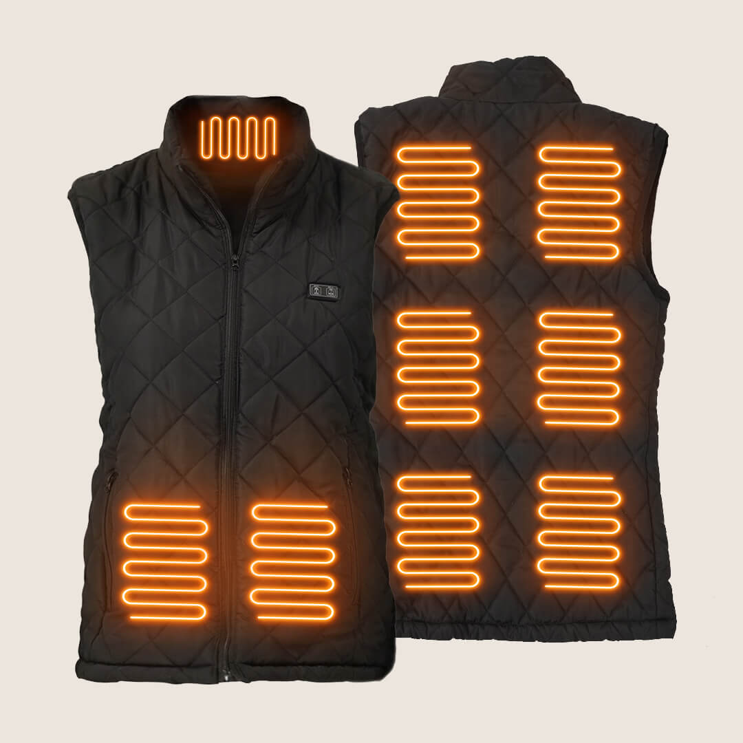 Gilet chauffant femme : illustration des zones de chauffe orange, vues avant et arrière.