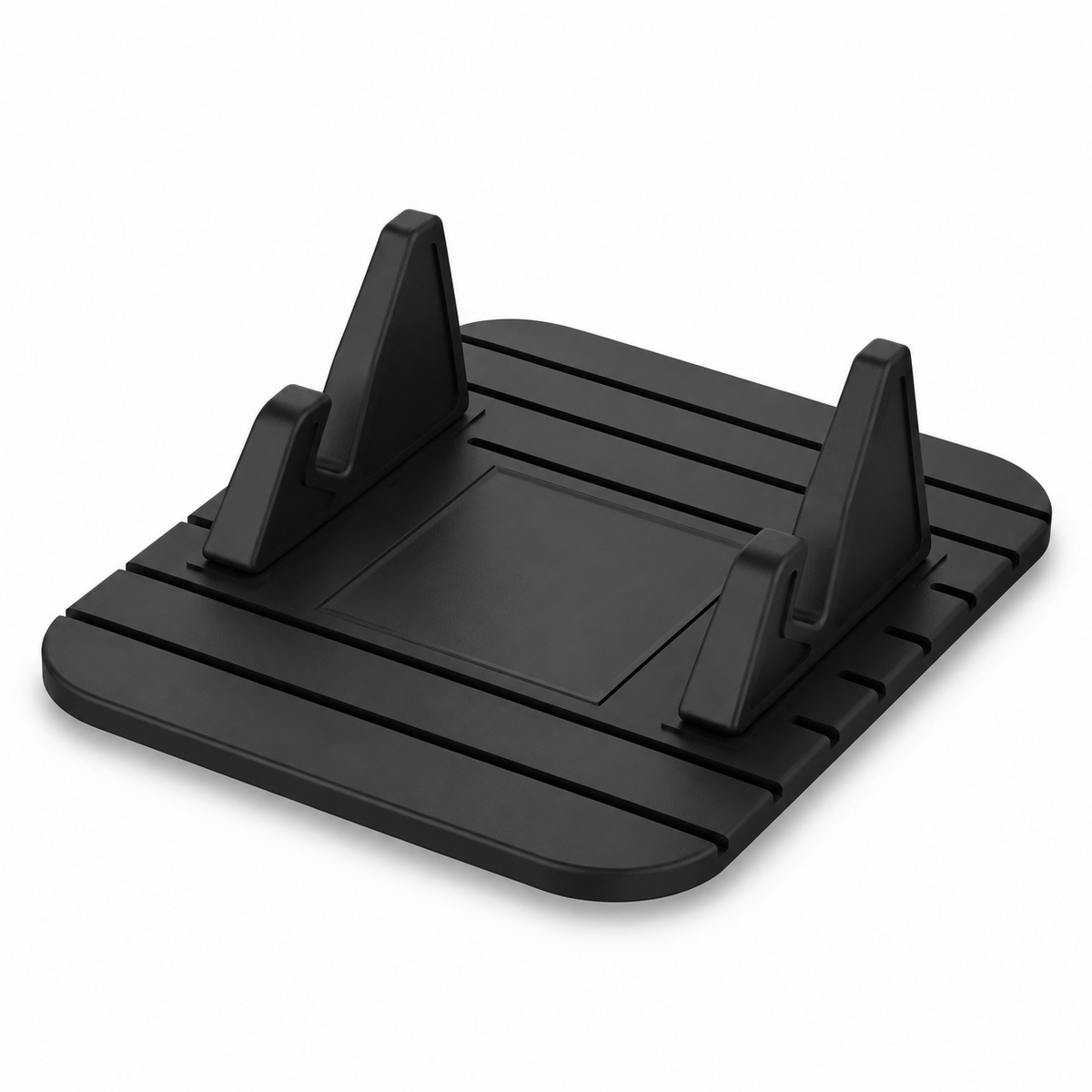 Support de téléphone noir en silicone, rainures et appuis visibles, sans téléphone.