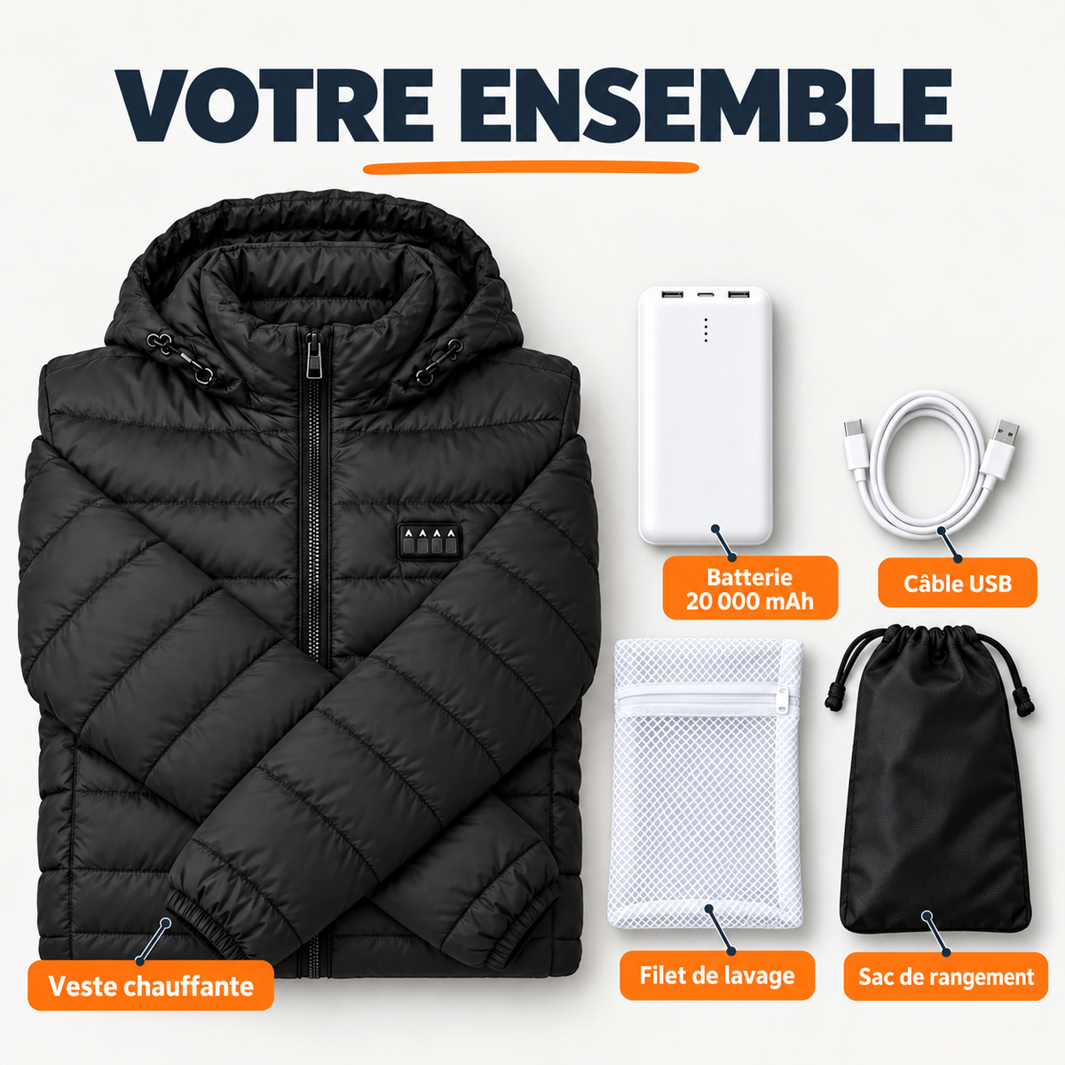 Veste chauffante avec batterie 20 000 mAh, câble USB, filet de lavage et sac